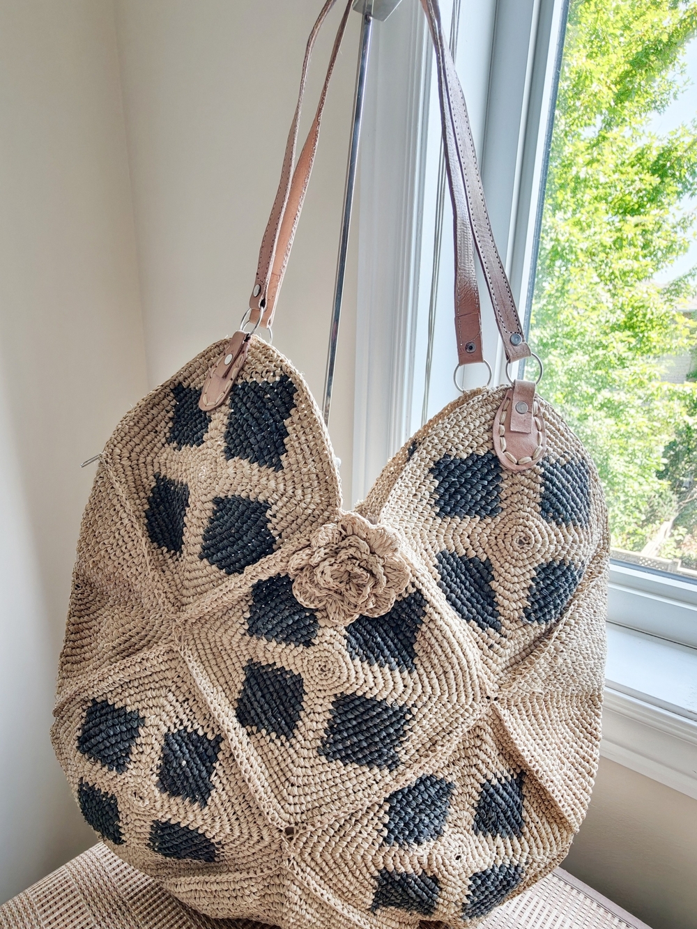 Handwoven raffia Straw Tote Bag with Gray Accent - Picture 4 of 13